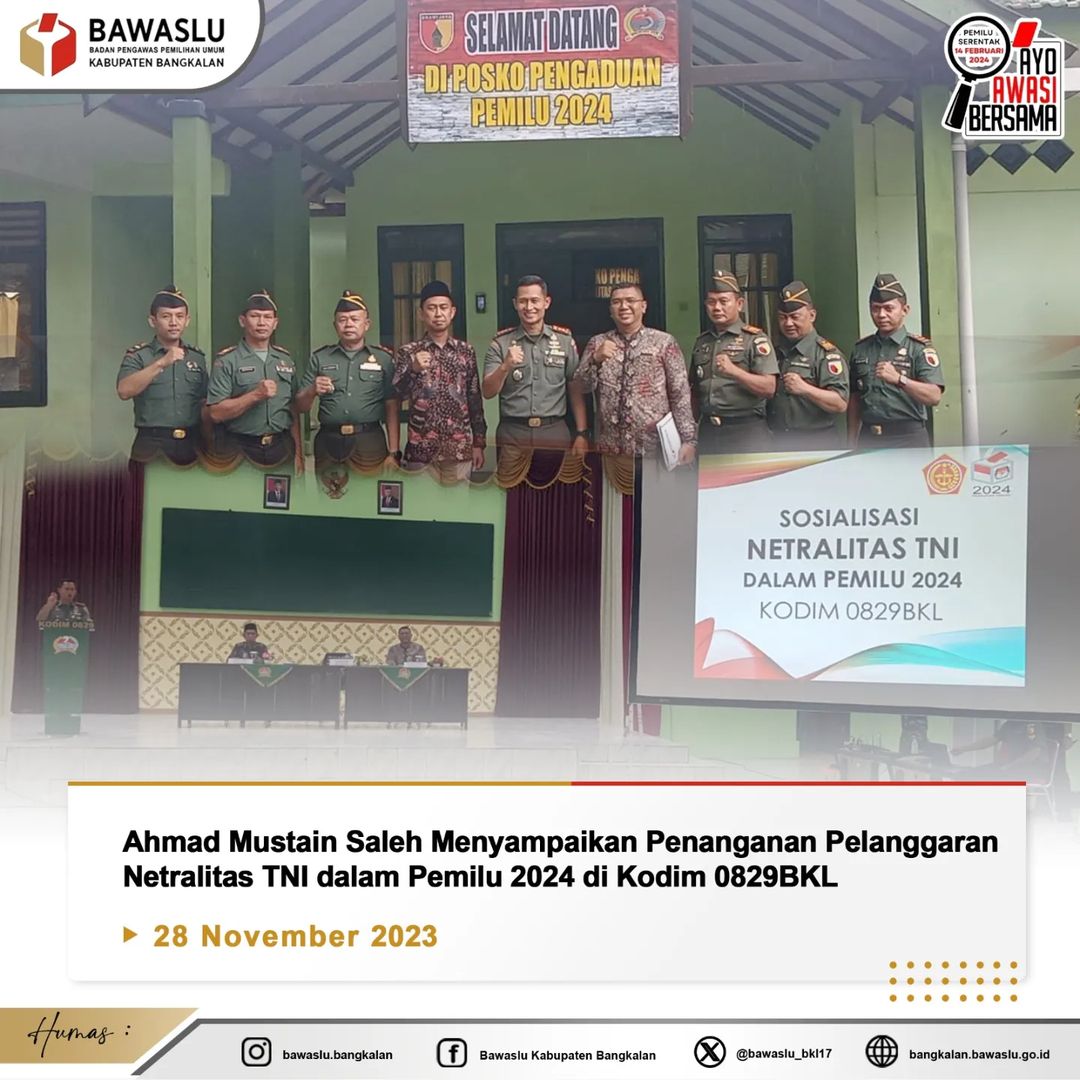 Ketua Bawaslu Bangkalan saat menjadi narasumber pada acara sosialisasi netralitas TNI